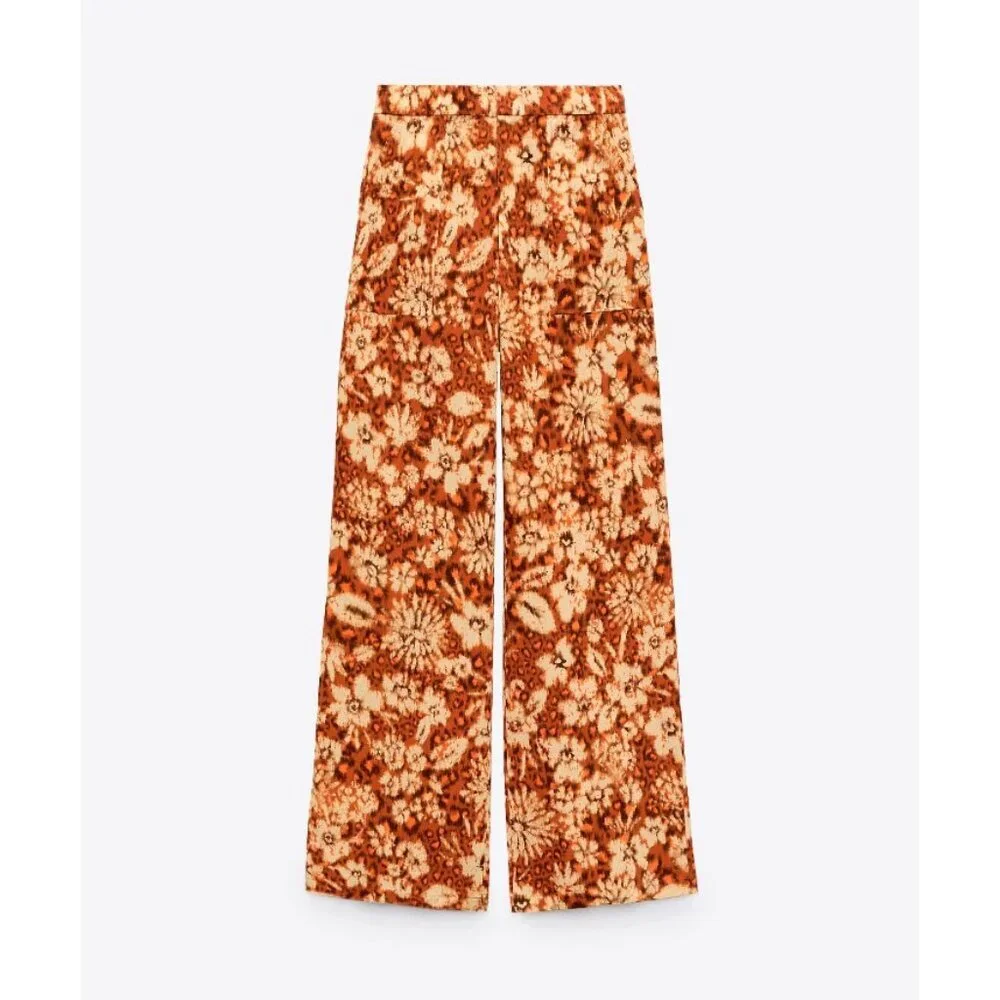 Zara Burnt Orange Floral Wide Leg Pants High Waist Boho Retro XL - Picture 6 of 16